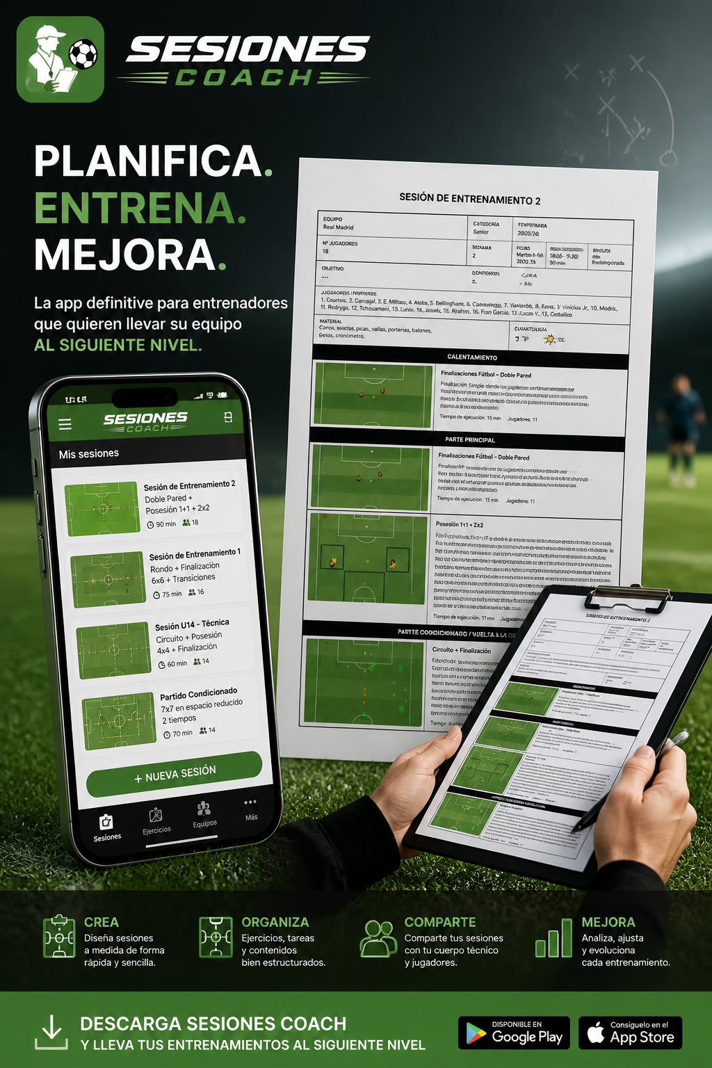 Aplicación Sesiones Coach en un campo de fútbol